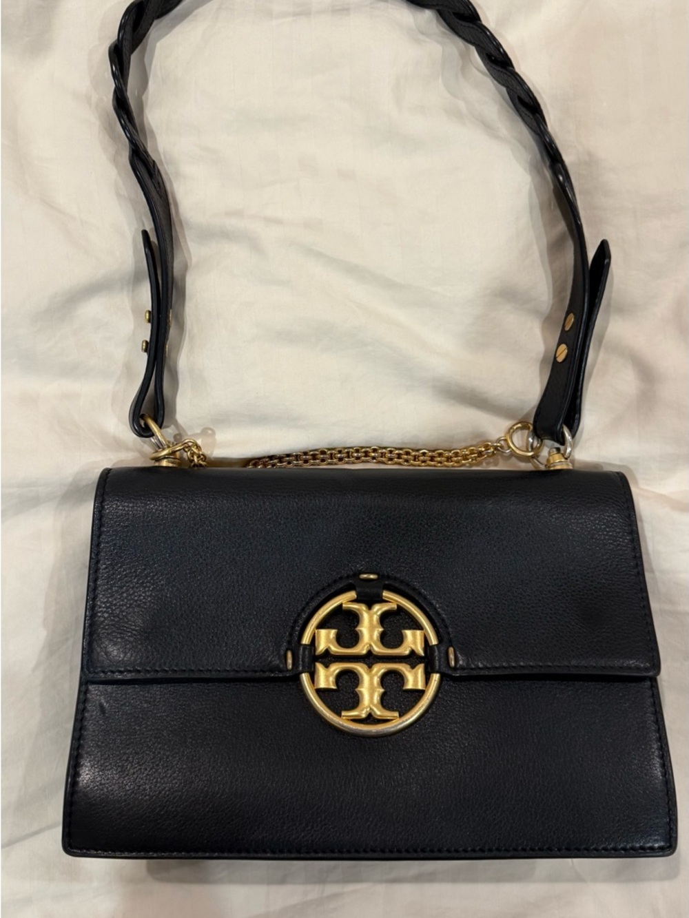 Tory Burch Black Leather Shoulder Bag with Gold Emblem